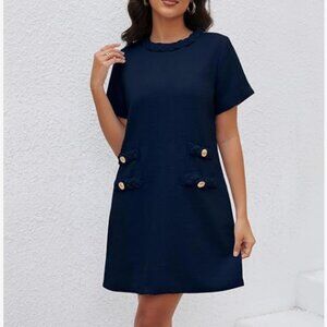 Jackie Vintage Style Crew Neck Tweed Dress in Dark Blue